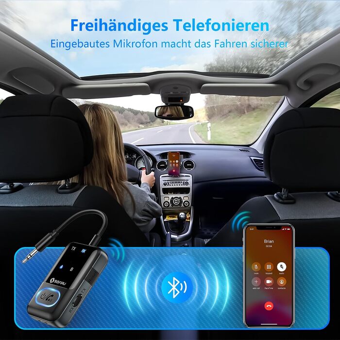 Bluetooth 5.3 адаптер-трансмітер SONRU 2 в 1, приймач та передавач AUX 3.5мм для навушників, телевізора, авто та літака, глибокий чорний
