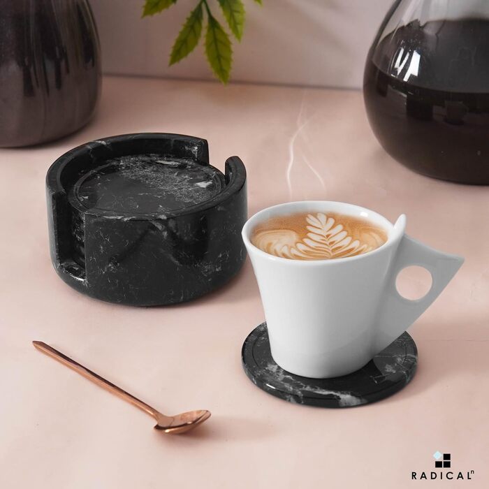 Radical coasters for drinks, marble, 8.9 cm, handmade, for cups and glasses, coaster set for kitchen, car, office, white, set of 6 (black)