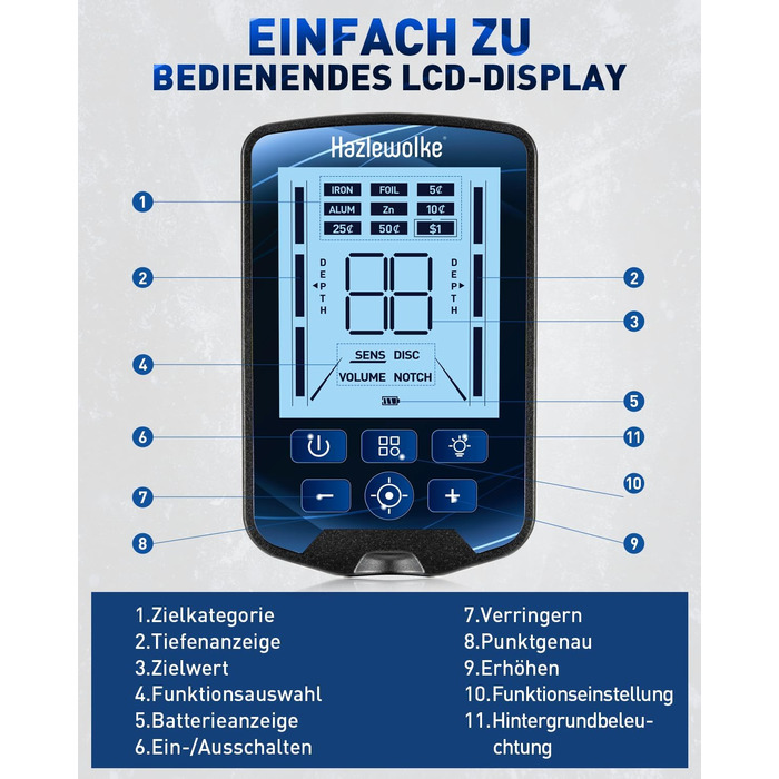 Професійний металошукач Metalldetektor Professional з водонепроникною DD-котушкою 14'' та широким діапазоном сканування, з функцією Pinpoint, глибиною виявлення 33 см, 4 режими, для дорослих, синій
