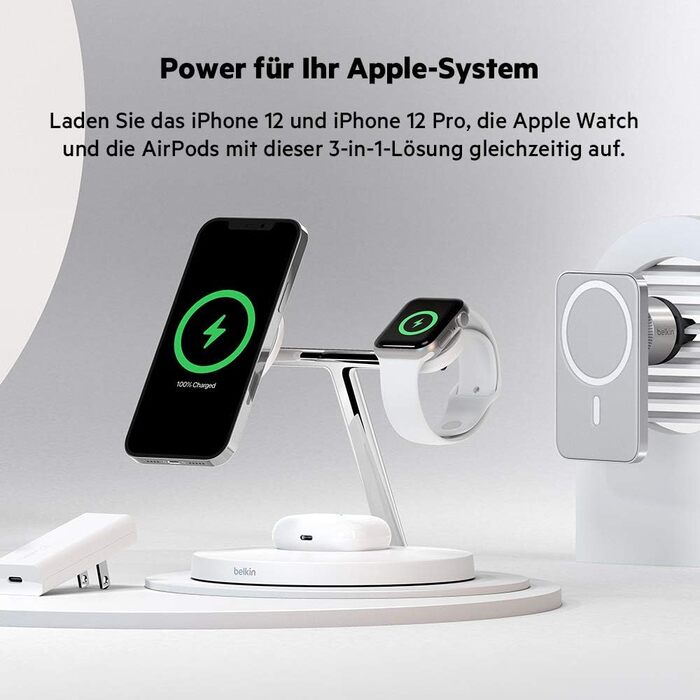 Belkin BoostCharge Pro 3-в-1 MagSafe Бездротове Зарядне Пристрої для iPhone 13, Apple Watch та AirPods (15W) - Білий