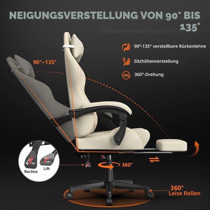 Ігрове крісло Ferghana Ergonomic Gaming Chair з підставкою для ніг, подушками під поперек та голову, оббивка з екошкіри PU, біле