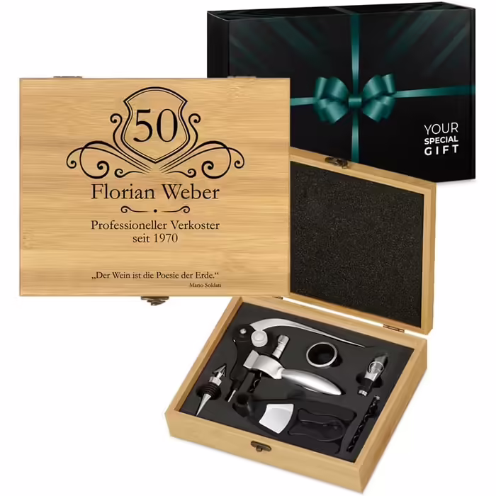 Maverton Wine Opener Set Personalized Wine Set Sommelier Set - Gift Box Wooden Box + 6-Piece Wine Accessory Set - Made of Bamboo - Brown - Birthday Gift for Men - Professional Taster