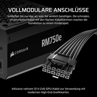 Блок живлення Corsair RM750e (2025) 750W, повністю модульний, ATX 3.1, PCIe 5.1, 12V-2x6, Cybenetics Gold, низький рівень шуму, чорний