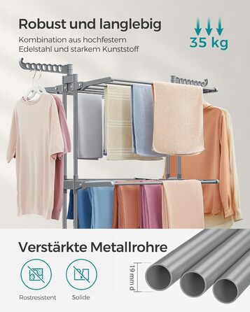 Сушарка для білизни SONGMICS з 4 рівнями, розкладна, на колесах, 63.5 x 128 x 173 см, сірого кольору (LLR701G01)
