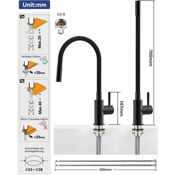 Змішувач для кухні гнучкий чорний, нержавіюча сталь, 2 режими струменя, 360° поворот, кухонний змішувач, преміум якість