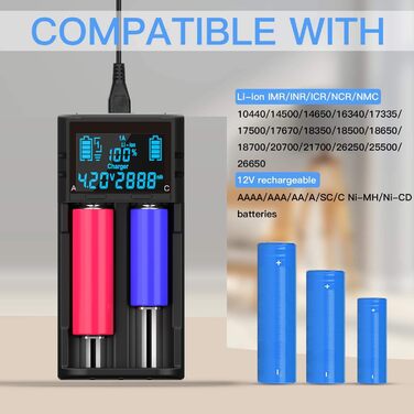 Зарядний пристрій LCD для акумуляторів AA, AAA, 18650, 26650, 21700, RCR123A, NI-MH/NI-Cd, 3.7V/1.2V, 2A, з дисплеєм