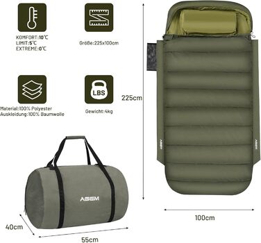 Сплячий мішок AGEM для дорослих: літо, зима, 3-4 сезони, кемпінг, рибалка, 225x100 см, 4-5 кг