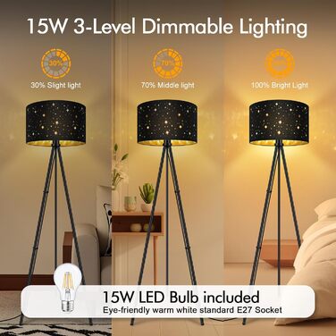 AUQUEE LED-стійка лампа для вітальні, 6W, сучасна тринога з металу, декоративний плафон, вимикач на корпусі, ретро лампа для читання, для вітальні, спальні (зірка+чорний та золото)