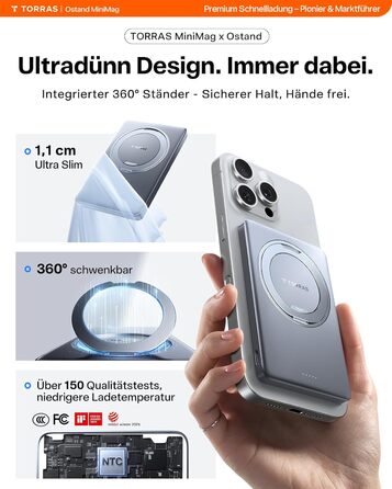 Power Bank TORRAS MiniMag Ultra Slim з MagSafe, 360° підставка, 18W, 5000mAh, магнітне кріплення, сірий титан. Сумісний з iPhone 17 Pro Max/Air/16/15/14/13/12