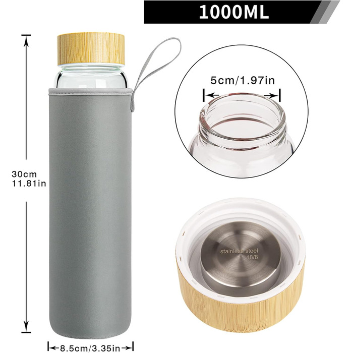 Glass Water Bottle 1L - Glass Water Bottle with Bamboo Lid 1 Liter (Green Leaves 1liter, 1000ml)
