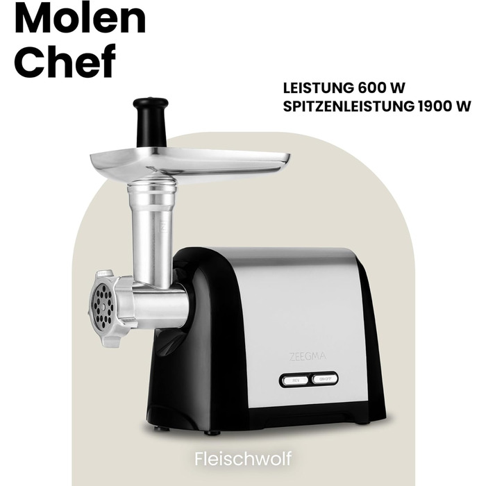 ZEEGMA Electric Meat Grinder - 1900W, Stainless Steel Plates, 3kg/min, Sausage Maker, Kubbe Maker, Chopping, Dicing, REV Function, Accessory Set - Silver