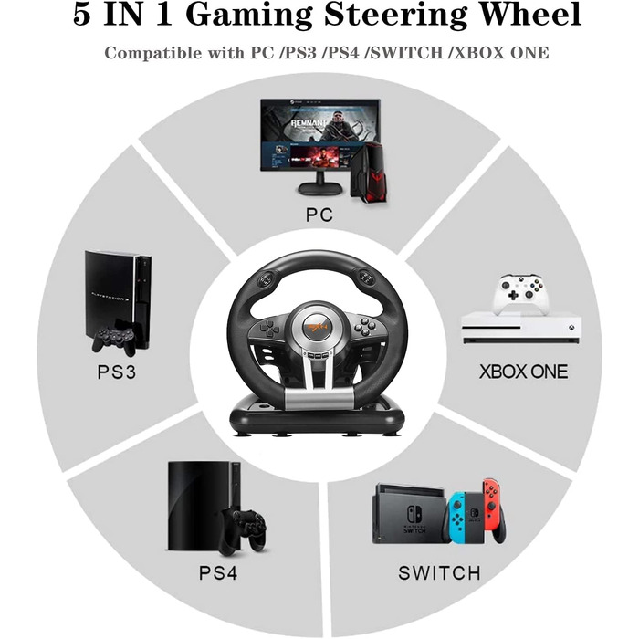 PXN V3II Руль для гонок з педалями, 180°, сумісний з PS3/PS4, Xbox One/Series, Nintendo Switch та PC, чорний