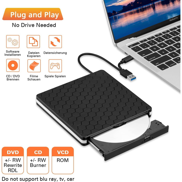 Зовнішній DVD-накопичувач Amicool USB 3.0 та Type-C, портативний CD/DVD +/-RW привід для ноутбука, ПК та MacBook (Windows, macOS, Linux)