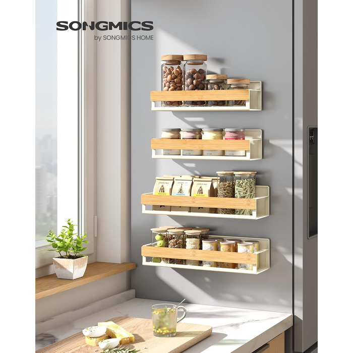 Магнітна полиця для спецій SONGMICS, 4 шт., 2 великі та 2 малі, без свердління, для кухні, холодильника, мікрохвильової печі, пральної машини, KCS061B01 (кремово-білий + натуральний бежевий, сталь + бамбук)
