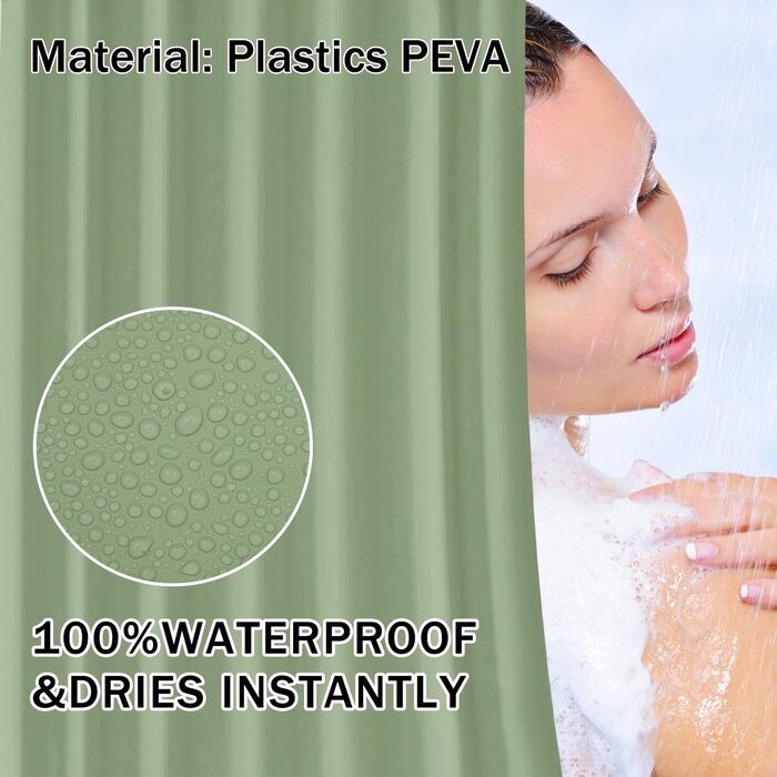 Завіса для душу 180x180 см, водонепроникна, антигрибкова, з кільцями (зелена)