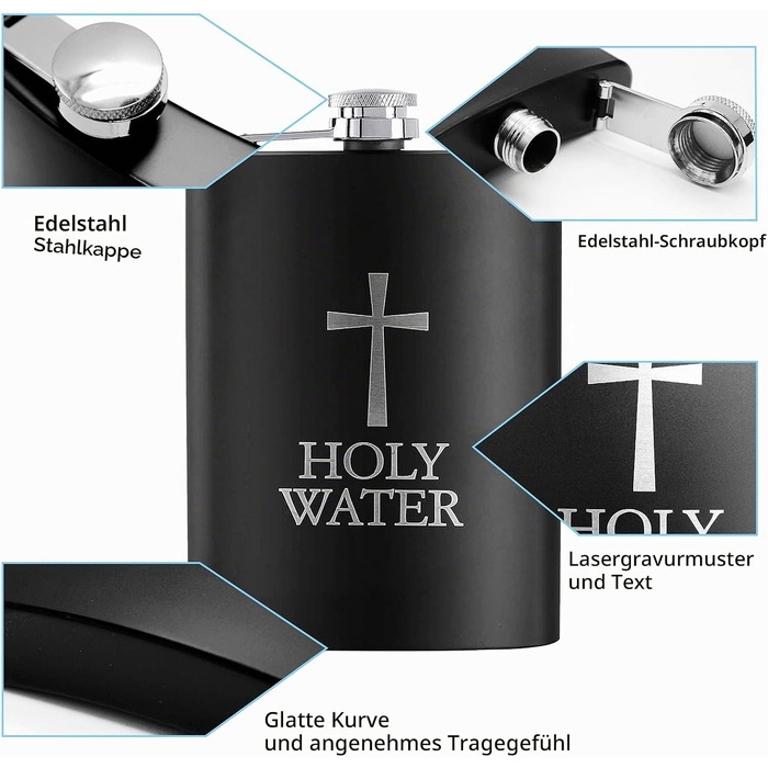 Подарунковий набір фляга з нержавіючої сталі Wieat 8oz з гравіюванням Holy Water, комплект з лійкою та 2 чарками для чоловіків та жінок