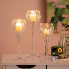 Romadedi Tealight Candle Holders Candle Holders Glass - Lantern Candle Holders Decoration Queck 3-Piece Set 23.5/25.5/31.5 cm for Tealights, Votive Candles, Pillar Candles, Living Room Table Decoration, Wedding (Transparent)