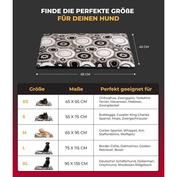 Підстилка для собак XS (45x65 см) – двостороння, м'яка, з наповнювачем 3 см – для дивану, авто, переноски – Made in Germany (45 x 65 см, Мандала Антрацит)