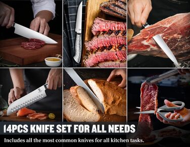 Dragon Riot 14-Piece Self-Sharpening Knife Set with Block - Professional Japanese Stainless Steel Kitchen Knives, Ergonomic Grip, 30cm