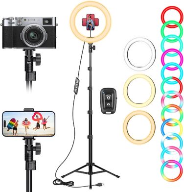 LED кільцева лампа 25 см з триподом 155 см та тримачем для телефону, RGB, регульована яскравість, для YouTube, відеозйомки, селфі, стрімінгу, макіяжу та фотографії