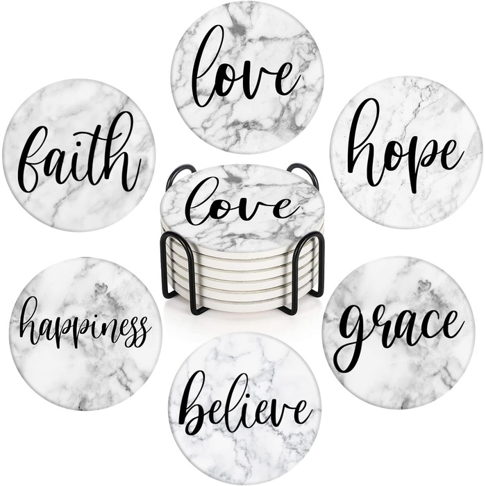 Britimes Drink Coasters, Set of 6, White Marble, Inspiring Love, Absorbent, Round, Ceramic-Stone Mat, with Cork Bottom and Metal Holder, Housewarming Gift, Bar, Decor