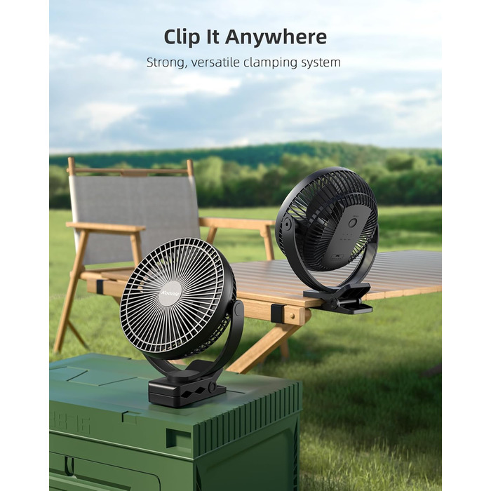 Вентилятор Koonie 10000 mAh з кліпсою, 20 см, портативний, USB, акумулятор, 4 швидкості, 360° оберт, тихий, для дому, офісу, дитячої коляски, кемпінгу, гроу-тенту, чорний