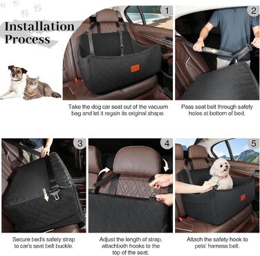 Wooaidagg Memory Foam Dog Car Seat - Washable & Detachable Pet Bed for Medium & Large Dogs - Includes 2 Leashes (Black, Large)