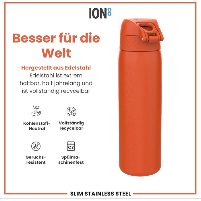 Ion8 Stainless Steel Water Bottle, 600 ml, Leak-Proof, One-Handed Opening, Secure Locking Mechanism, Dishwasher Safe, Flip-Top Lid, Carrying Handle, Easy to Clean, Durable & Scratch-Resistant (Stainless Steel, Orange)