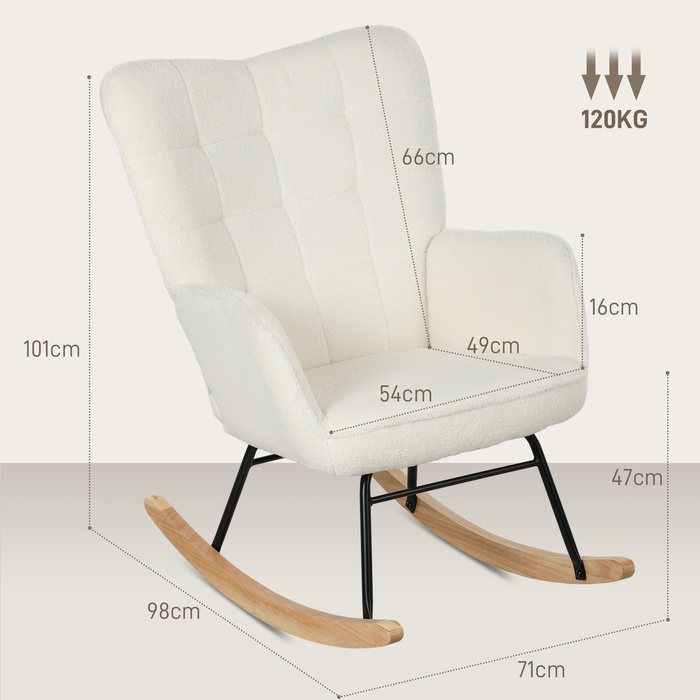 HOMCOM Rocking Chair, Rocking Armchair with Berber Fleece Look, Armrests, Padded Armchair with Wooden Runners, Reclining Chair for Living Room, Bedroom, Holds up to 120kg, White | Aosom