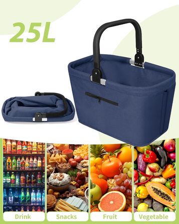 Складаний кошик для покупок на 35L з 2 стійкими ручками, сімейний, з алюмінієвим ручним захопленням, водовідштовхуючий, для пікніків, подорожей, кемпінгу та покупок - (Блакитний, 25L (43x27x23cm))