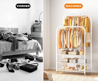 Вішалка для одягу HOMIDEC з 3 полицями, подвійна штанга на колесах, металевий каркас, біла - до 80 кг