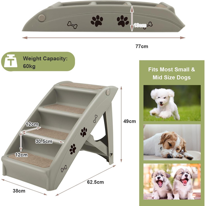 Сходинка для тварин SOARS: 4 сходинки, килимок з фетру, для котів та собак до 60 кг, сірий колір