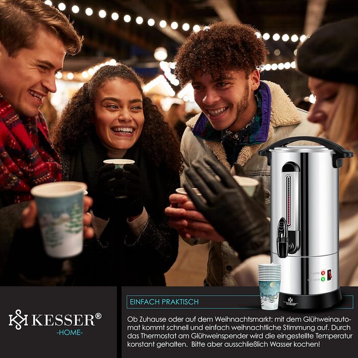 KESSER® 10L Stainless Steel Mulled Wine Warmer. Includes 10 Cups. Mulled Wine Cooker with Thermostat, Mulled Wine Dispenser, Hot Beverage Dispenser, Kettle, Hot Water Dispenser, Canning Device, Level Indicator, Tap.