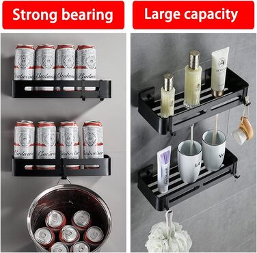 Настінна полиця Yeegout для ванної кімнати з гачками, кутова, чорна, з алюмінію, клейка