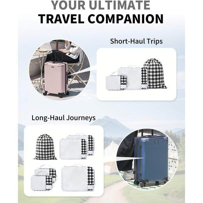 Органайзер для валізи ECOHUB, набір 6 шт. з ID-міткою, екологічні валізи для подорожей, легкі дорожні сумки, дихаючий рюкзак-органайзер, патент на корисну модель (зелений) (чорно-білий)