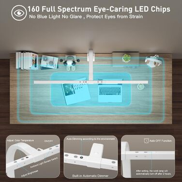 LED лампа настільна з авторегулюванням яскравості, 80 см, кріплення-прищіпка, регульована колірна температура, захист для очей, повний спектр денного світла, таймер, білий колір