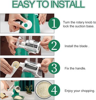 Ручна тертка Ourokhome Rotary: тертка для сиру, овочів, горіхів, картоплі, моркви (3 леза, темно-зелена)
