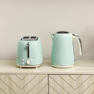 Набір чайник та тостер HOMCOM з нержавіючої сталі, 2200 Вт, 1.7 л, 2-слотовий тостер, 7 рівнів підсмажування, швидкий нагрів, термостат Strix, фільтр від накипу та піддон для крихт, зелений