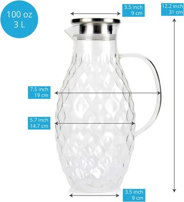 Borosilicate glass carafe with lid - Glass carafe with unique diamond pattern for 3 liters of cold or hot water - Water carafe and drink dispenser for homemade iced tea and juice