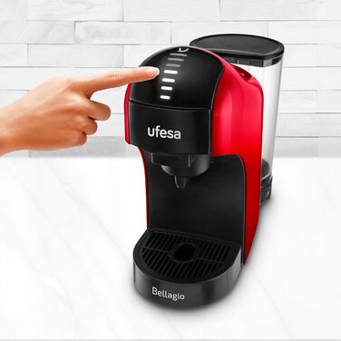 Ufesa Bellagio 3-in-1 Multi-Capsule Coffee Machine for Nespresso Original Capsule, Dolce Gusto, or Ground Coffee, Digital Touch Panel with 7 Levels, 1 L Water Tank, 1400 W, 15 Bar Pressure, Compact (1400 W | RED)