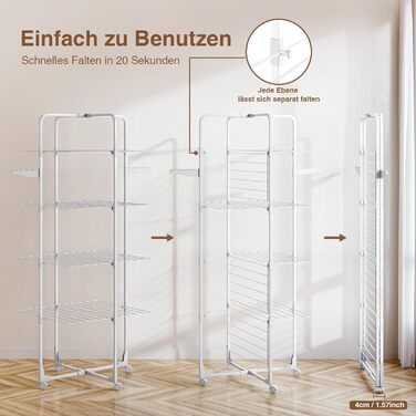 Стійка для сушіння білизни Innotic з 4 рівнями, складна та компактна на колесах, 168 см, для балкону та маленьких квартир, біла