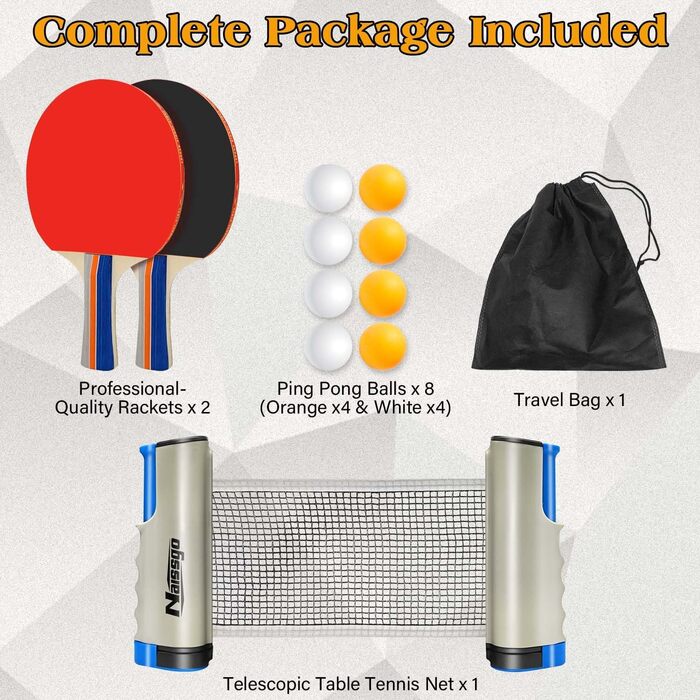 Набір для настільного тенісу Profi: 2 ракетки, м'ячі, сітка, сумка. Підходить для дорослих та дітей, для гри в приміщенні та на вулиці (сірий)
