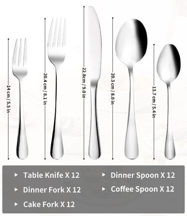 Xespis Cutlery Set 12 People, 60-Piece Stainless Steel Cutlery Set, with Steak Knives, Elegant Dinner Cutlery, High-Gloss Polished and Dishwasher Safe, with Knife Fork Spoon, for Home, Party, Restaurant