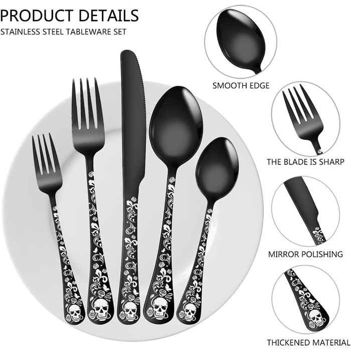 Набір столових приборів Xiaoyu Готичний (20 шт) для 4 осіб: Черепи, квіти, чорний колір - ідеально для Хелловіну