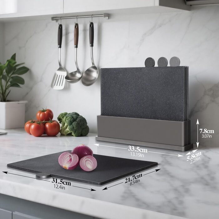 Набір обробних дощок MASTERTOP, 4 шт. з підставкою, індексовані, придатні для миття в посудомийній машині, великі кухонні дошки для риби, м'яса, овочів, фруктів