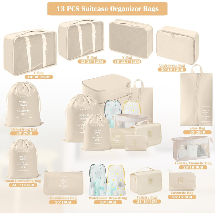 Набір органайзерів для валізи 13 шт., Packing Cubes, водонепроникні органайзери для подорожей та відпустки, прозорі (Бежевий)
