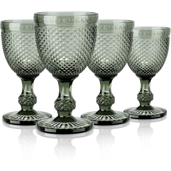 Joeyan 270ml Gray Vintage Wine Glasses with Diamond Relief, Colored Goblet Glasses Wine Goblet Set for Wine Juice Drinks, Set of 4 Retro Drinking Glasses with Stem, Dishwasher Safe