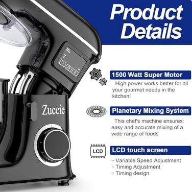 Кухонна машина Zuccie 1500W 8L з 6 швидкостями, функцією ферментації та LCD-дисплеєм. Комплектується міксером, гаком для тіста та вінчиком. Чорний колір