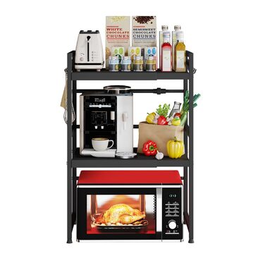 Регульована підставка для мікрохвильової печі, 2-рівнева розширювана, з вуглецевої сталі, з 8 гачками, органайзер для кухні (1 шт, чорний)