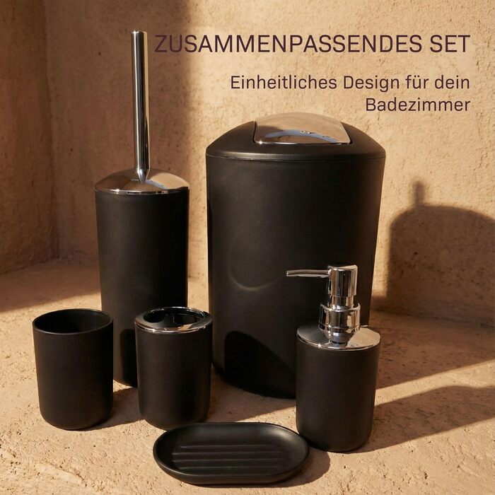 Набір для ванної кімнати 6 предметів, чорний: аксесуари для ванної, туалетний набір, кошик для сміття, стакан для зубних щіток, мильниця, дозатор для мила - пластик